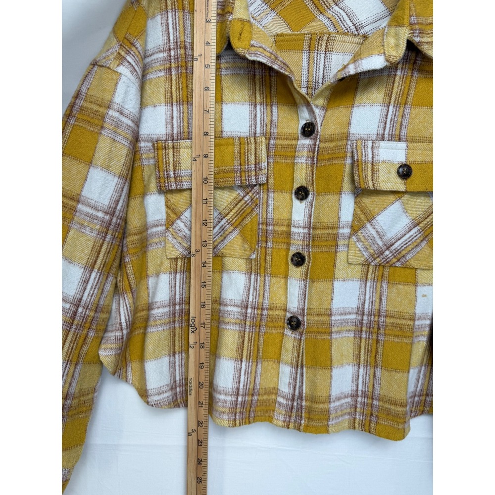 Easel Los Angeles Women Jacket L Yellow Plaid Button Up Cropped Shacket - Picture 8 of 10